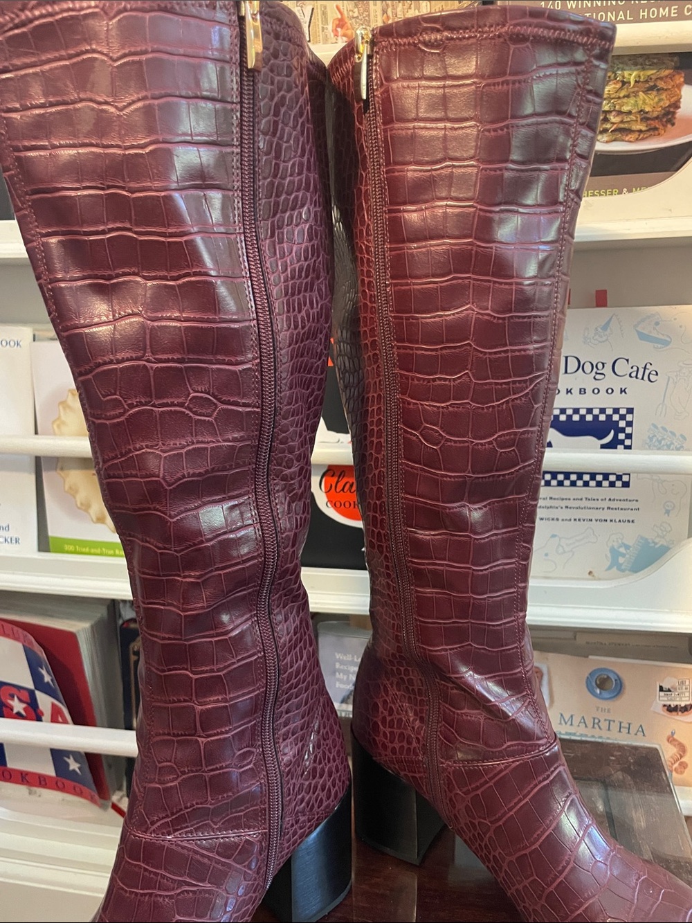 Croc-Embossed Tall Knee Boots in Deep Burgundy - Picture 7 of 12